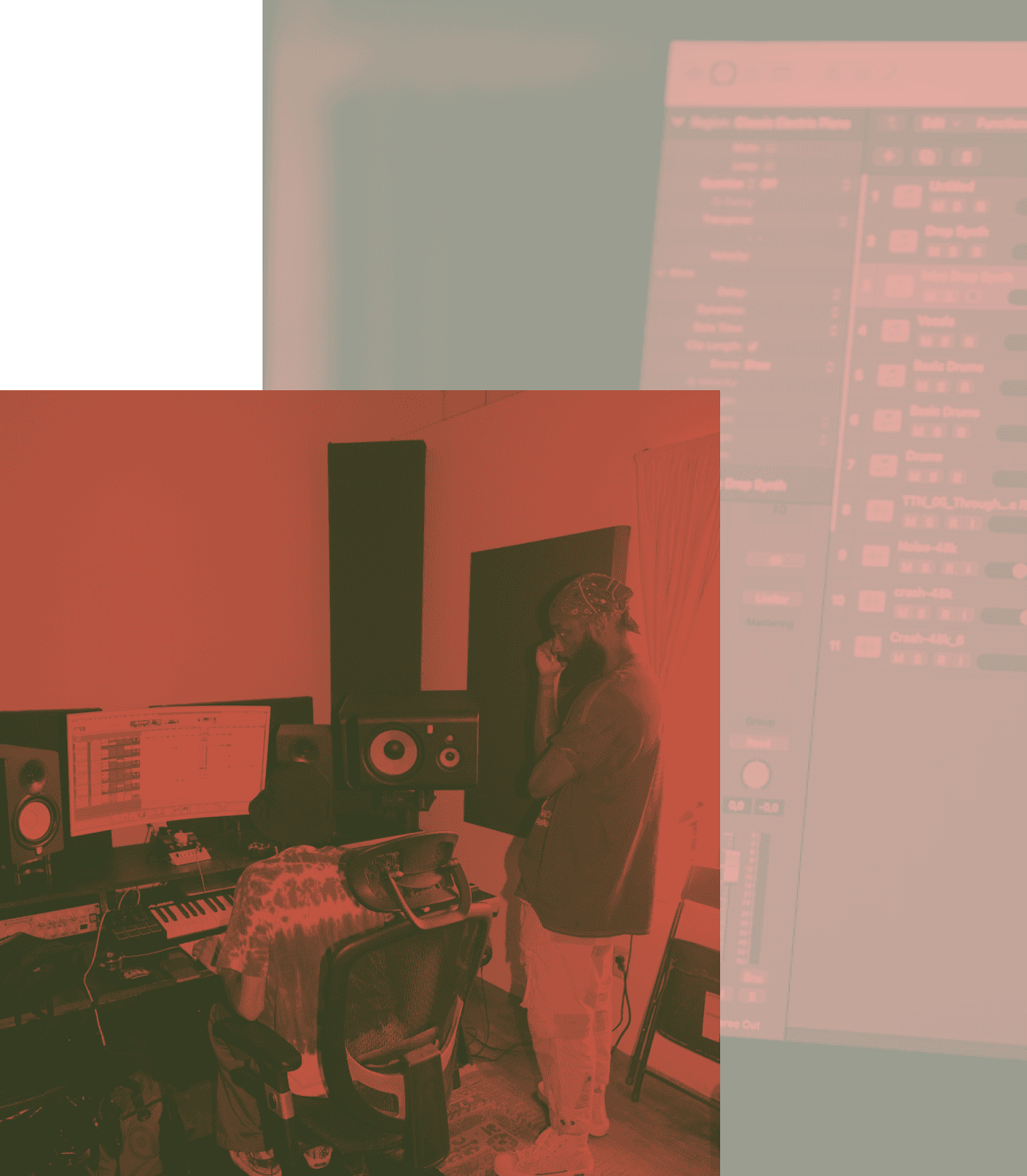 Music production studio with digital audio workstation showing independent artist working on new track